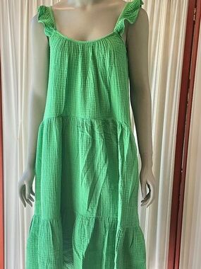 Xirena Midi Dress Green Tiered Cotton Gauze Ruffled Adjustable Straps Sz Small
